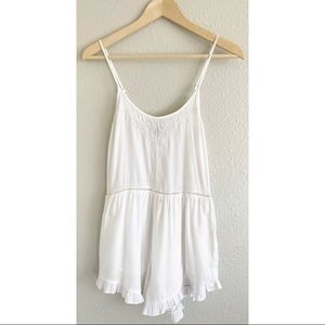 MinkPink Embroidered White Ruffle Short Romper